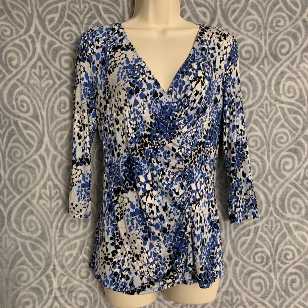 Faux wrap blue animal print ¾ sleeve top